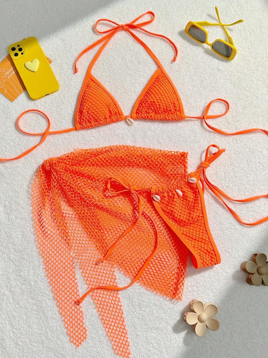 Style Fresh Beach Shell Three-Piece Mesh Bikini Swimsuit