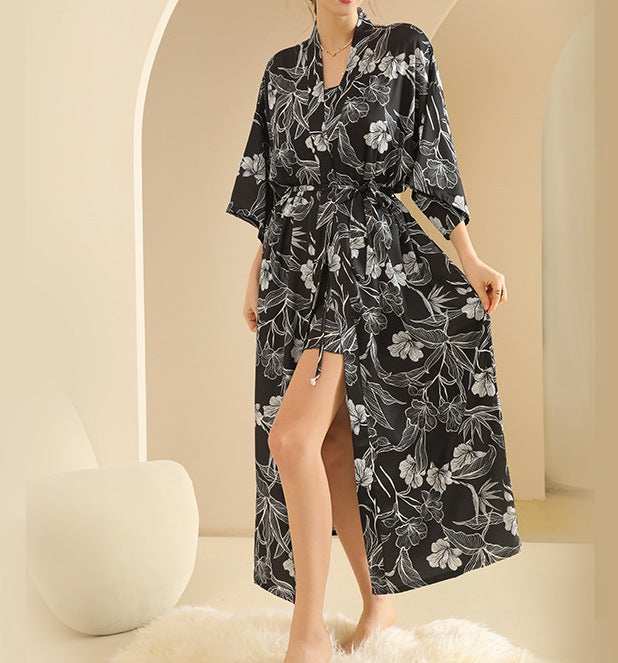 Printed Ice Silk Bathrobe Set for Women - Summer Mid-Sleeve Plus Size Bridal Morning Robe