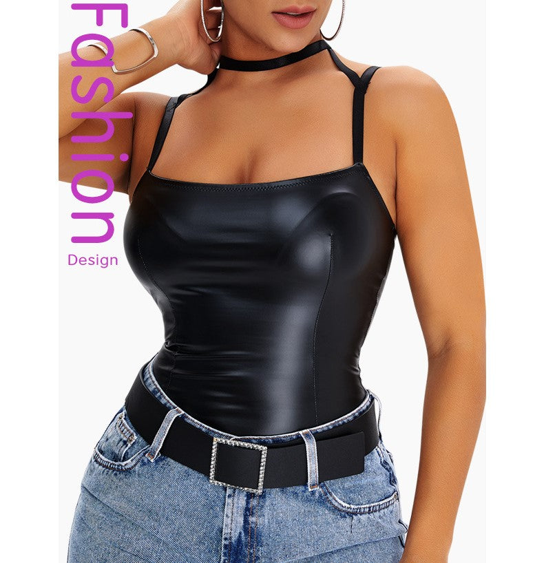 Women Stretch Lace Backless High Neck Long Sleeve PU Tight Vest with Leather Skirt Set for Nightclub Wear