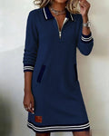 Women's Fashion Lapel Zipper Long-Sleeve Color-Block Pocket Dress