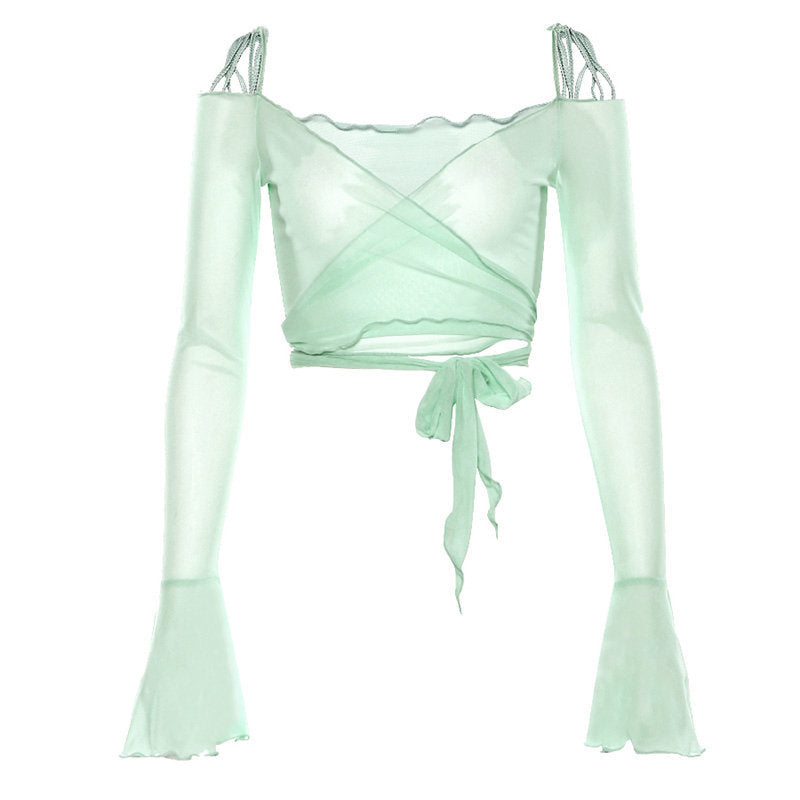 New Spot Mesh Perspective Horn Sleeve Top