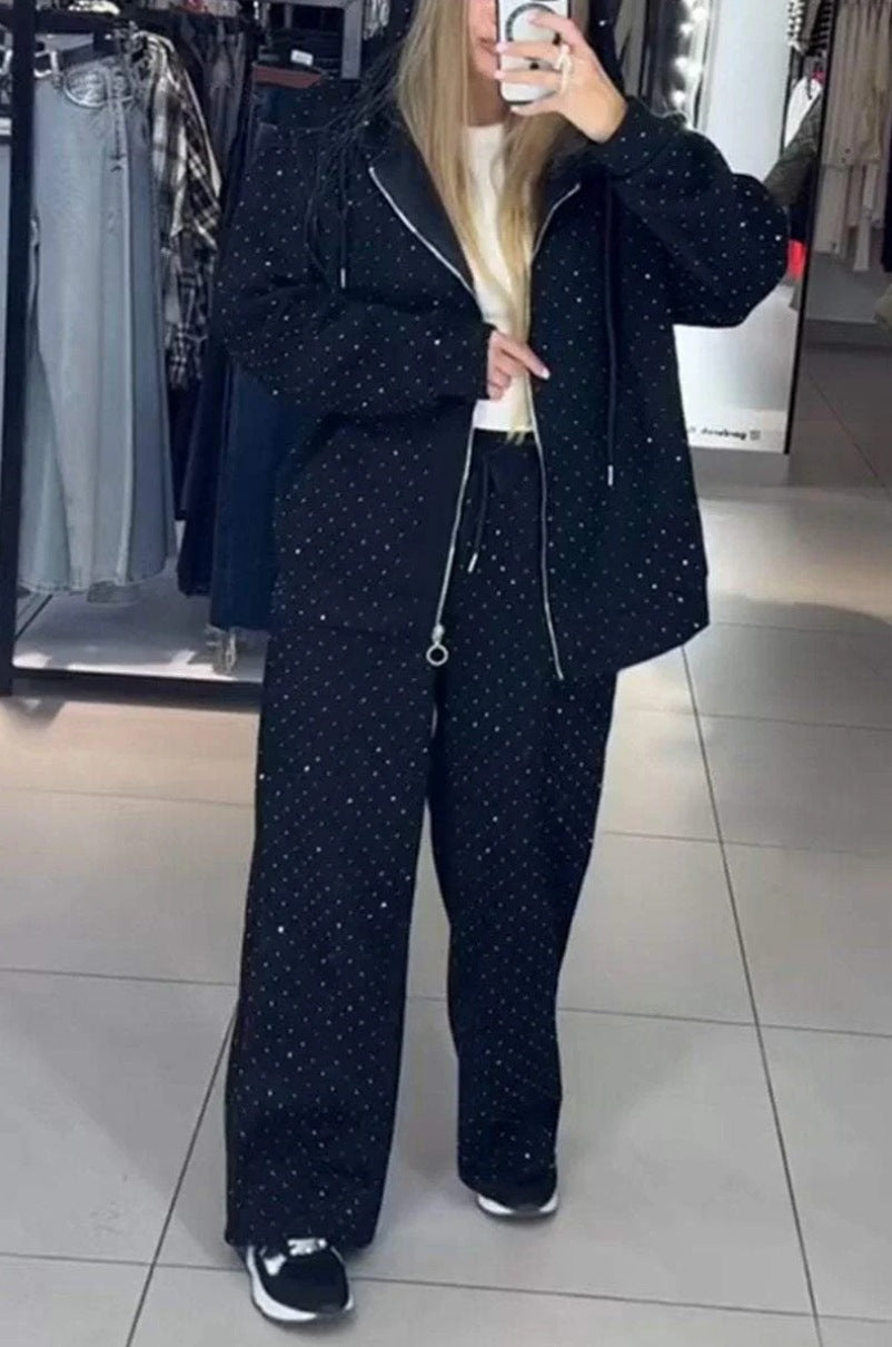 Women's Casual Round Neck Long-Sleeved Diamond Pattern Drawstring Two-Piece Lounge Set