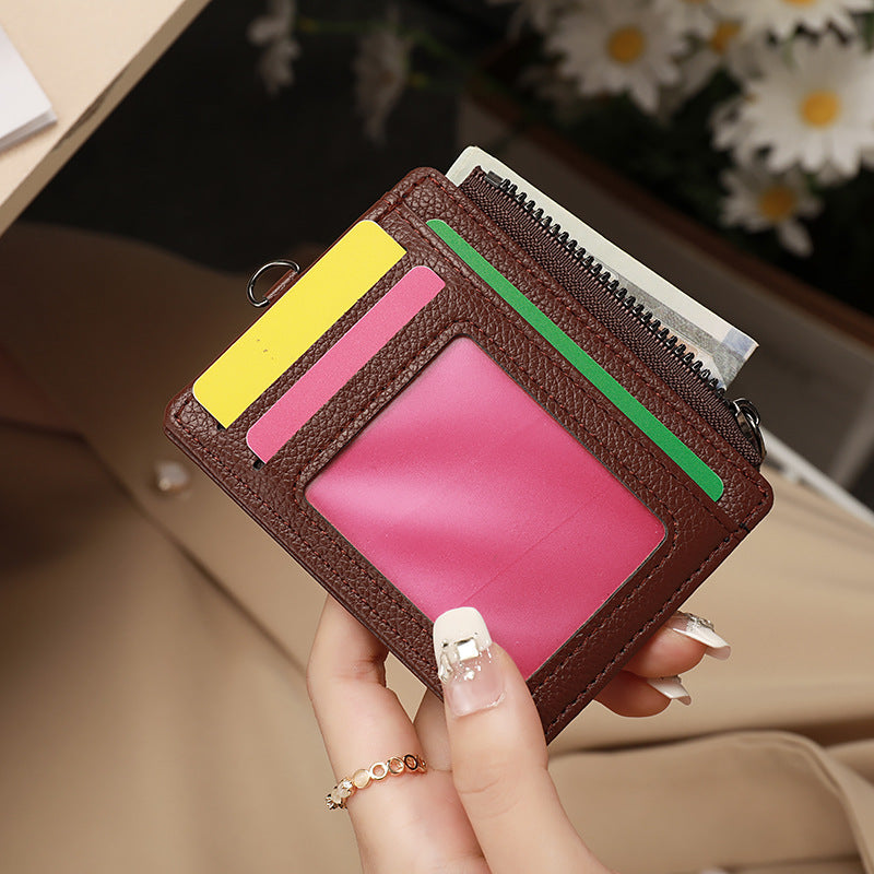 New Women's Leather Card & Coin Holder – Zippered ID, Bus Card, Colorblock Patchwork, Cute & Fresh