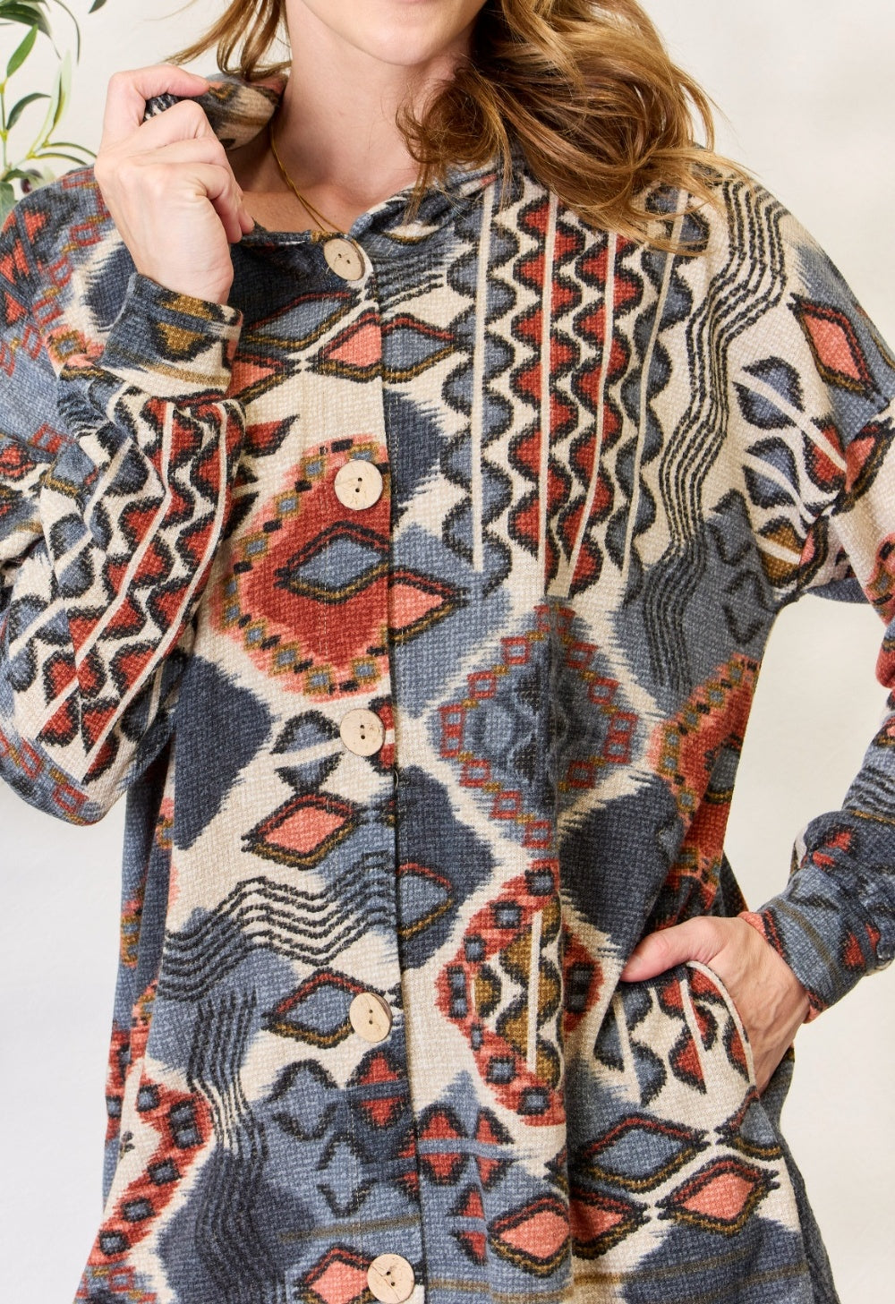 Women's Heimish Full Size Printed Button Up Hooded Jacket