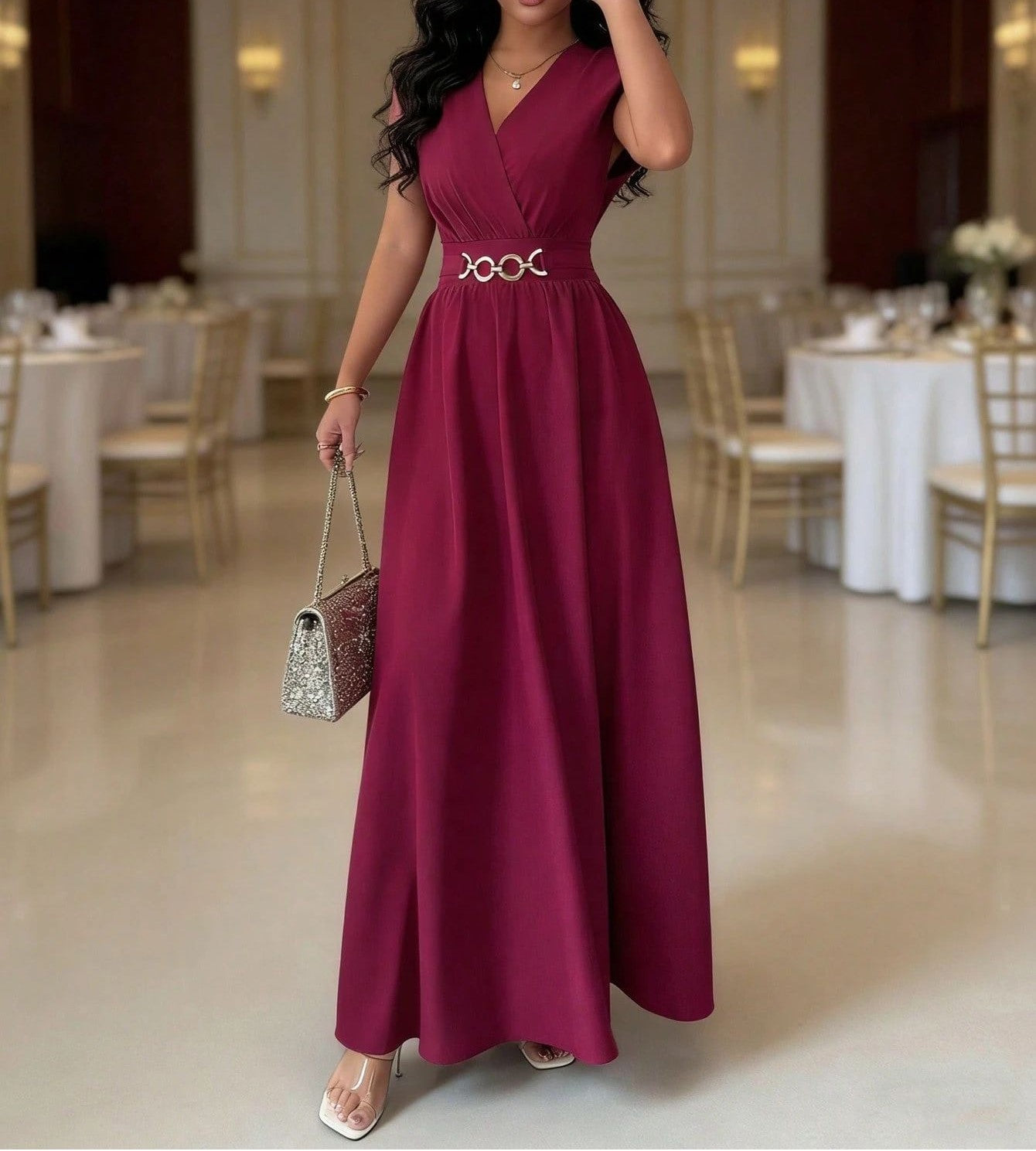 Women's Elegant Short Sleeve Long Dress - Solid Color V-Neck Waist-Cinching Maxi Dress for Casual, Office, Party & Special Occas