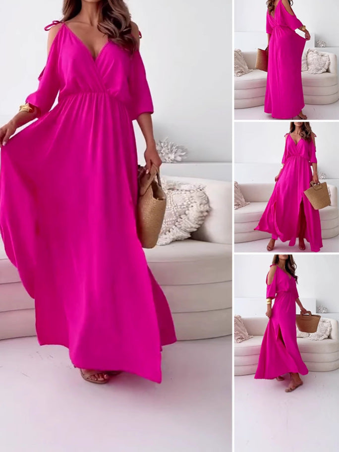 Women's Off-Shoulder V-Neck Waist A-Line Hem Dress