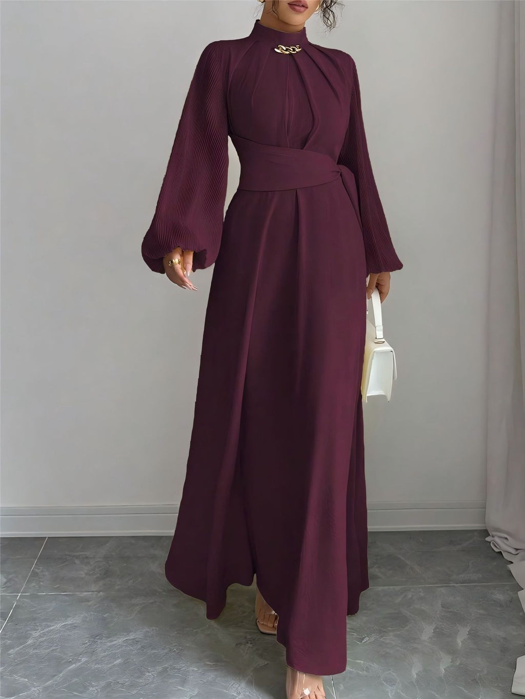 Women's Burgundy Long Sleeve Maxi Dress – Elegant Fashion Dress for Casual, Party, Evening, Holiday & Special Occasions