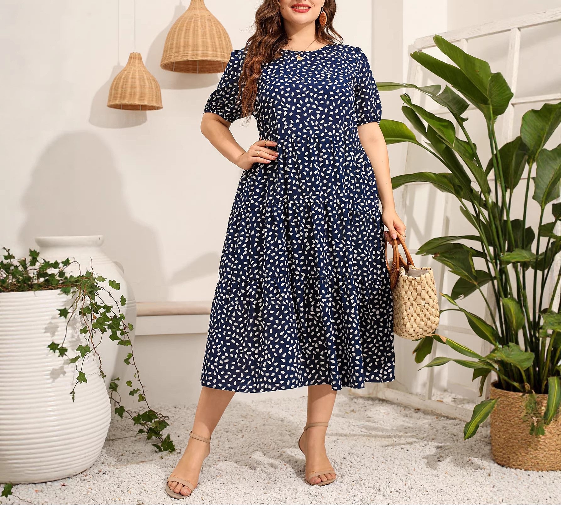 Women's Plus Size Irregular Polka Dot Short Sleeve Maxi Dress, Loose Fit Round Neck Casual Long Swing Dress