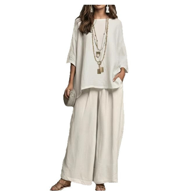 Women's Solid Color Half Sleeve Casual Two-Piece Top and Pants Set