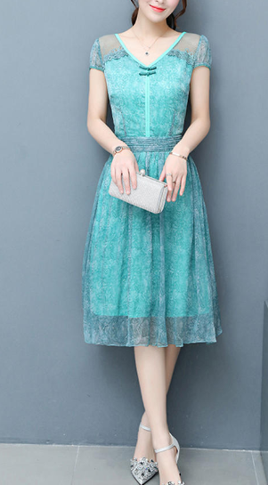 Women Chiffon Lace Sleeve Party Dress
