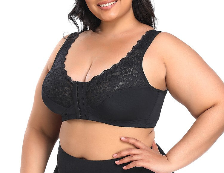 Wire-Free Lace Front-Closure Bra for Large Sizes (B–F Cups), Lightweight Comfort Fit