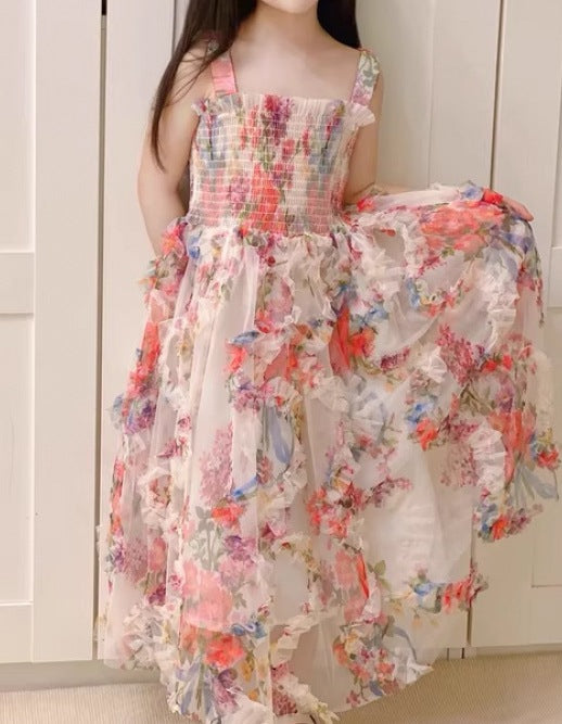 Girls’ New Summer Dress – High-End Floral Print Sundress for Big Kids, Elegant Beach Dress - RAC25JP3294GDRESS