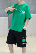 Kids Boys New Round Neck Short Sleeves Letter Pattern T- Shirt with Handsome Cool Looking Treasure Shorts Summer Two Piece Suit