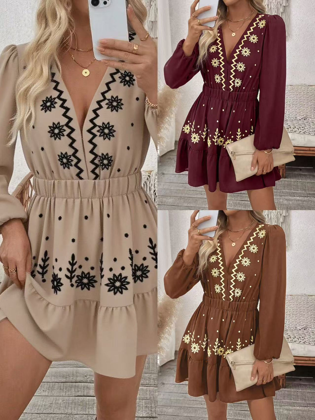 Women's V-Neck Printed Pleated Waist Dress – Long Sleeve Casual Fashion Midi Dress