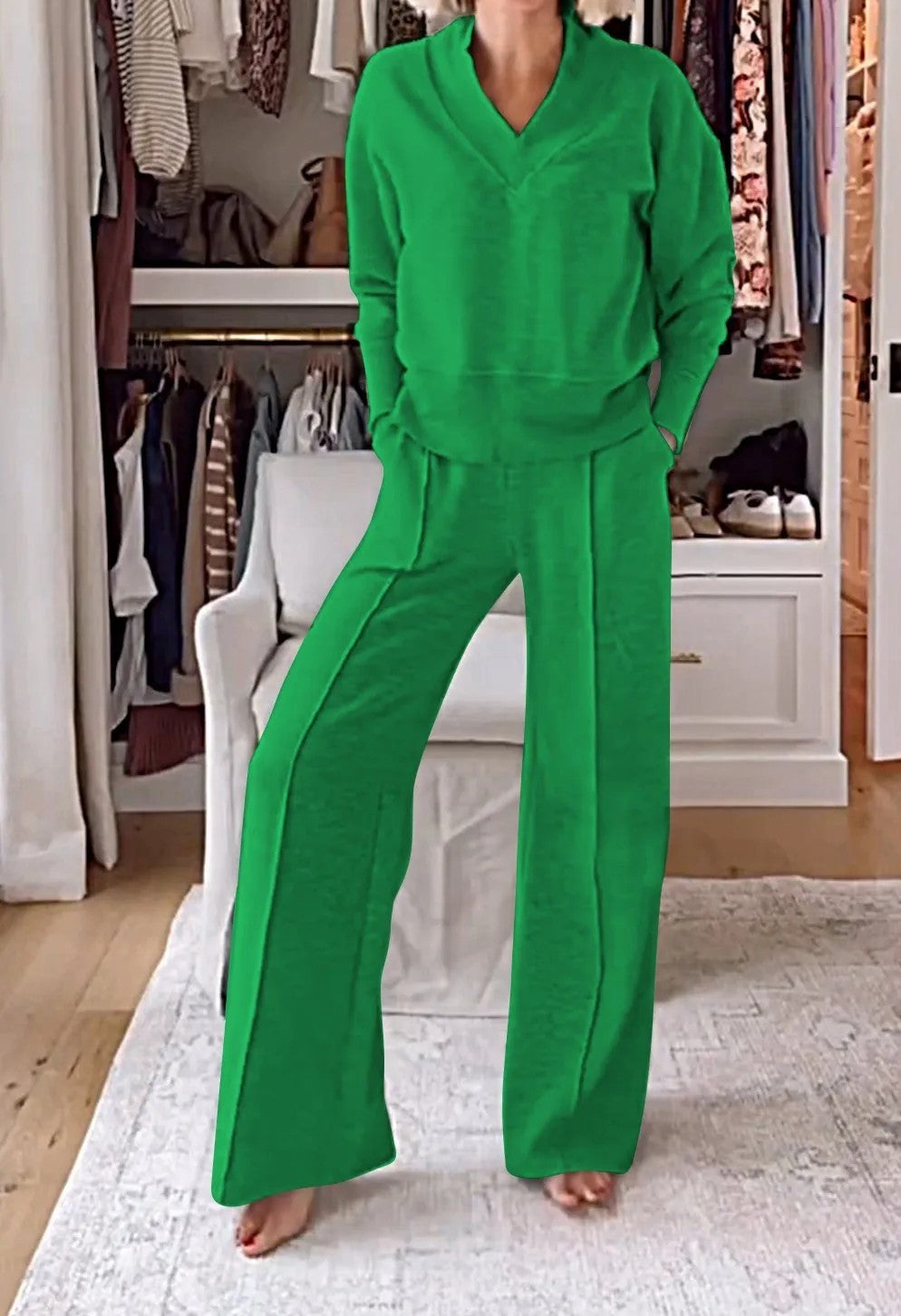 New Casual V-Neck Long Sleeve Loose Top & Wide-Leg Pants Two-Piece Lounge Set