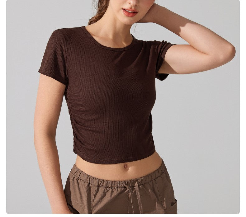 Pleated Waist Slimming T-Shirt Women's Ribbed Stretch Short Sleeve Sports Top for Summer Fitness Yoga & Running