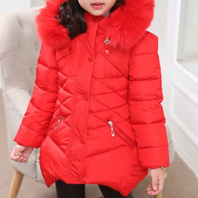 Girls’ Winter Cotton-Padded Coat – Thickened Mid-Length Jacket with Fur Collar - RAC25JP3248BOW