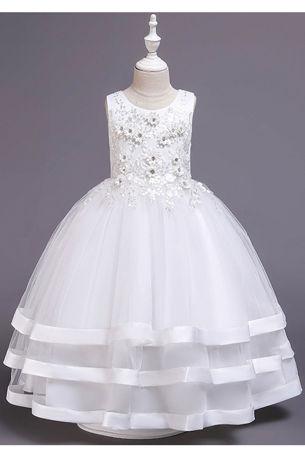 Kids Girls Marvelous Floral Lace & Beads Decorated Round Neck Sleeveless Fabulous Princess Dress