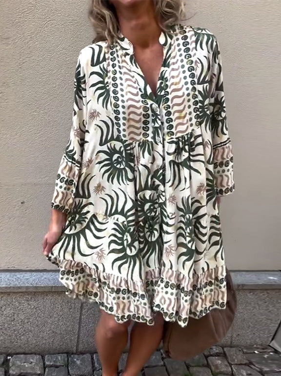 omen’s Printed V-Neck Long Sleeve Loose Casual Dress