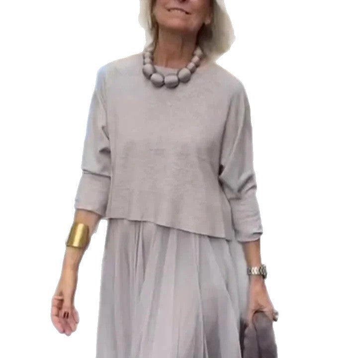 Women's Casual Long-Sleeve Solid Color Mesh Patchwork Dress