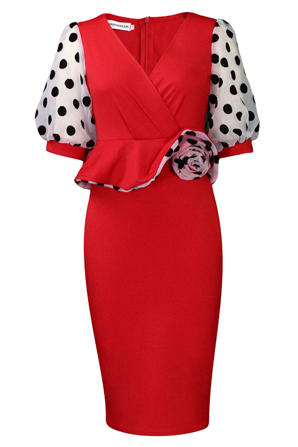 Women V-Neck With Polca Dots Printed Slevess Solid Pattern Bodycon Party Dress