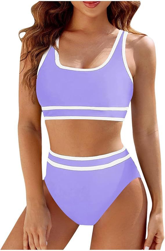 Sporty Color-Match High-Waist Bikini Set with Vest Top