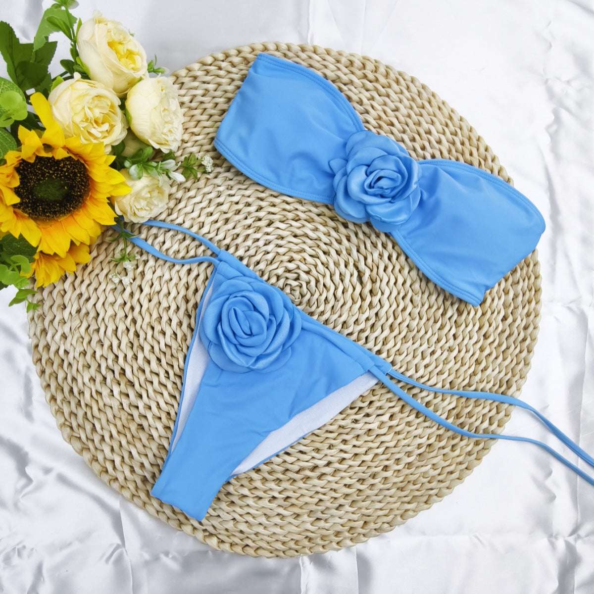 Solid Color Flower Tube Top Drawstring Strap Split Bikini Swimsuit - Trendy Summer Swimwear