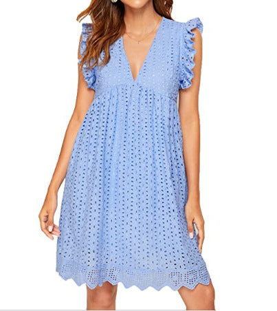 New Spring Women's Lace Patchwork Hollow V-Neck Solid Color Sleeveless Dress
