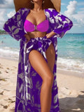 Women's Three-Piece Bikini Set - High-Waist Bottom, Long Cover-Up, Split Design