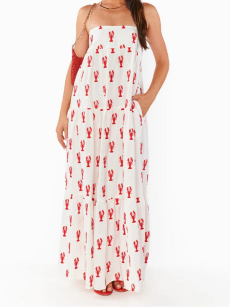Women's Summer Printed Sleeveless Pocket Strap Dress – Loose Fit Casual Dress