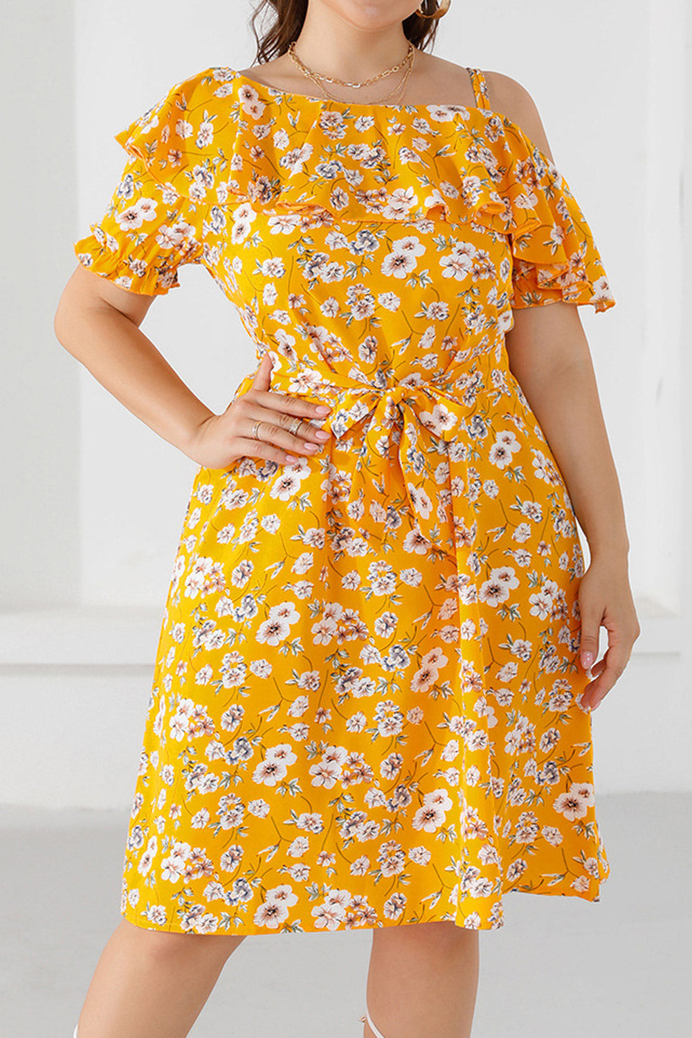 Women Plus Summer Fashion One Shoulder Ruffled Floral Mini Dress