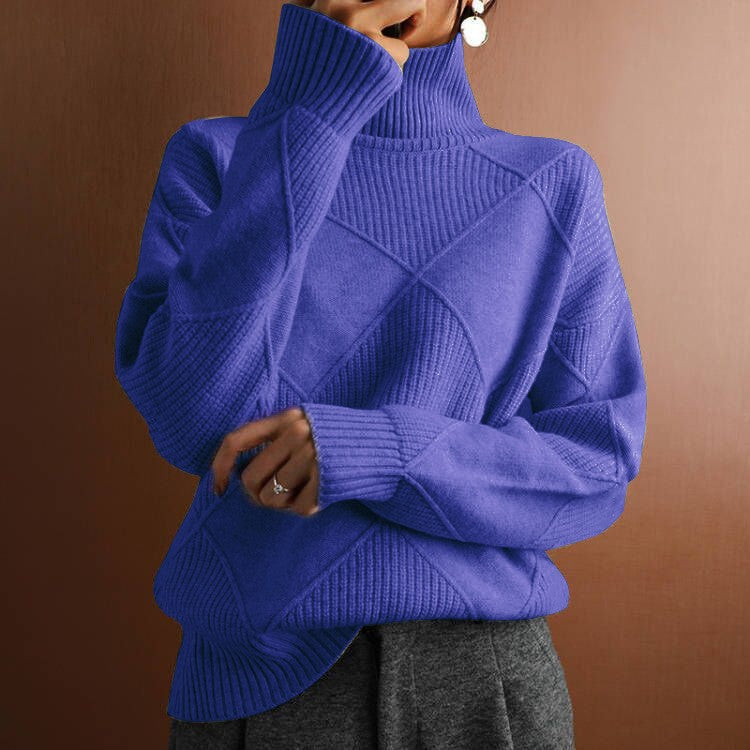 Women's Loose Elegant High-Neck Knitwear - Solid Color Commuter Sweater
