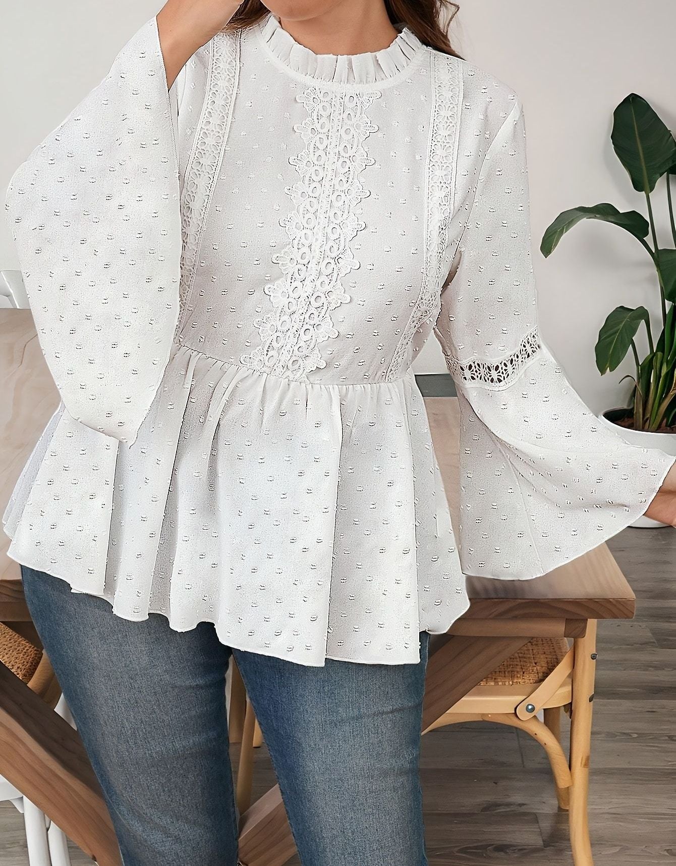Women's Plus Size Pure Color Lace Ruffle Sleeve Shirt – Elegant Long Sleeve Casual Top