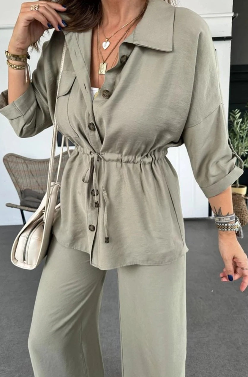 Title Women's Loose Casual Solid Color Drawstring Button 2-Piece Outfit with Patch Pockets