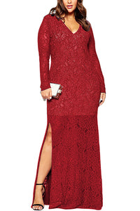 WOMEN LONG GOWN V-NECK LACE LONG SLEEVES RED VINE