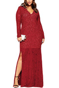WOMEN LONG GOWN V-NECK LACE LONG SLEEVES RED VINE