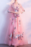 Women Magnificent Flower Pattern Easy Collar Neck Short Sleeve Long Slim Waist Wedding Dress