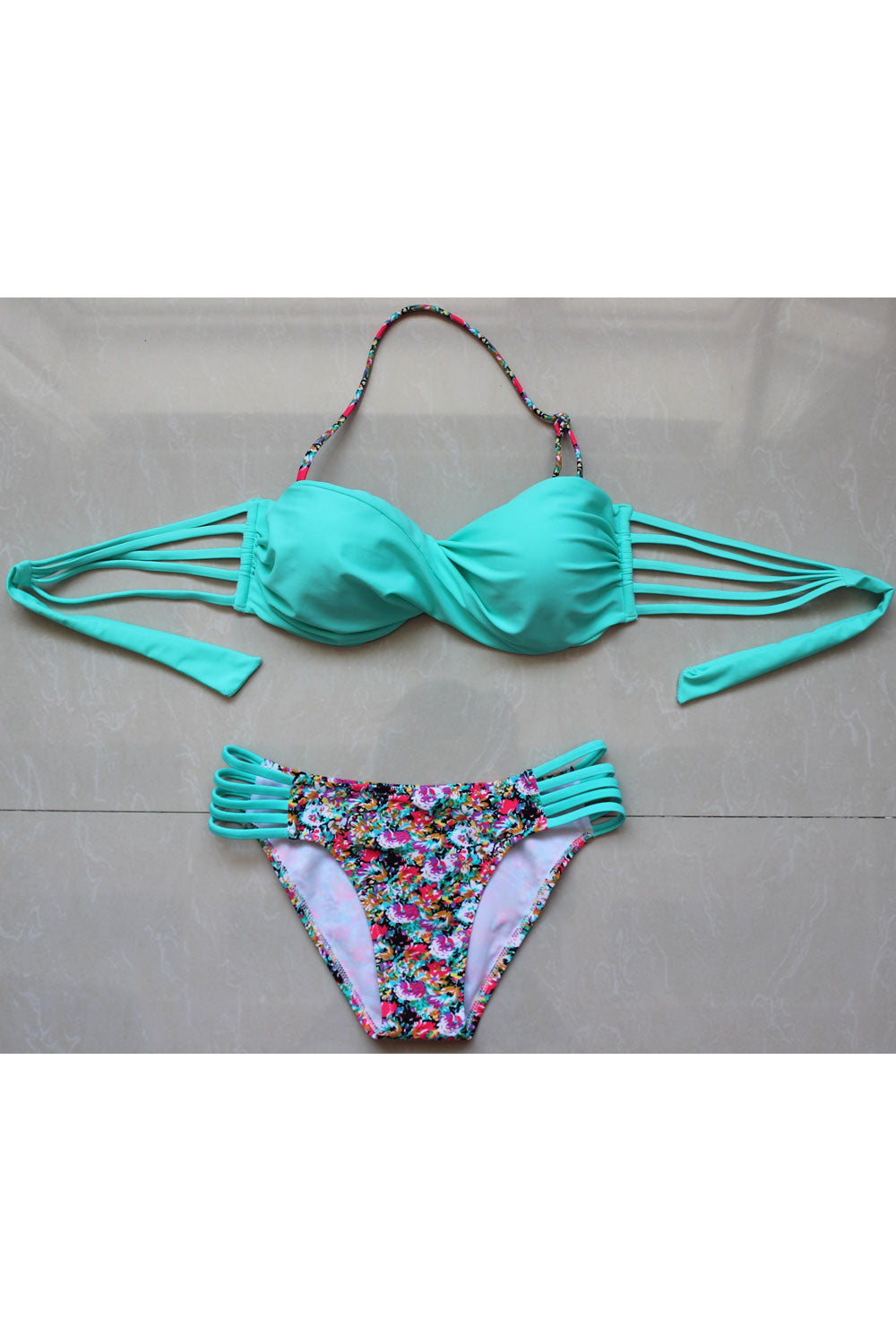 Women Floral Print Multi Strap Decorated Two Piece Swimsuit
