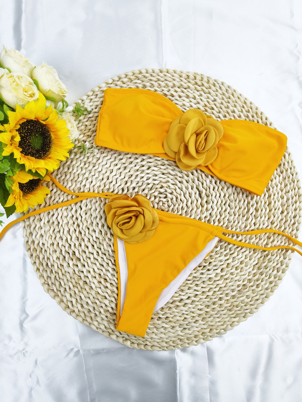 Solid Color Flower Tube Top Drawstring Strap Split Bikini Swimsuit - Trendy Summer Swimwear