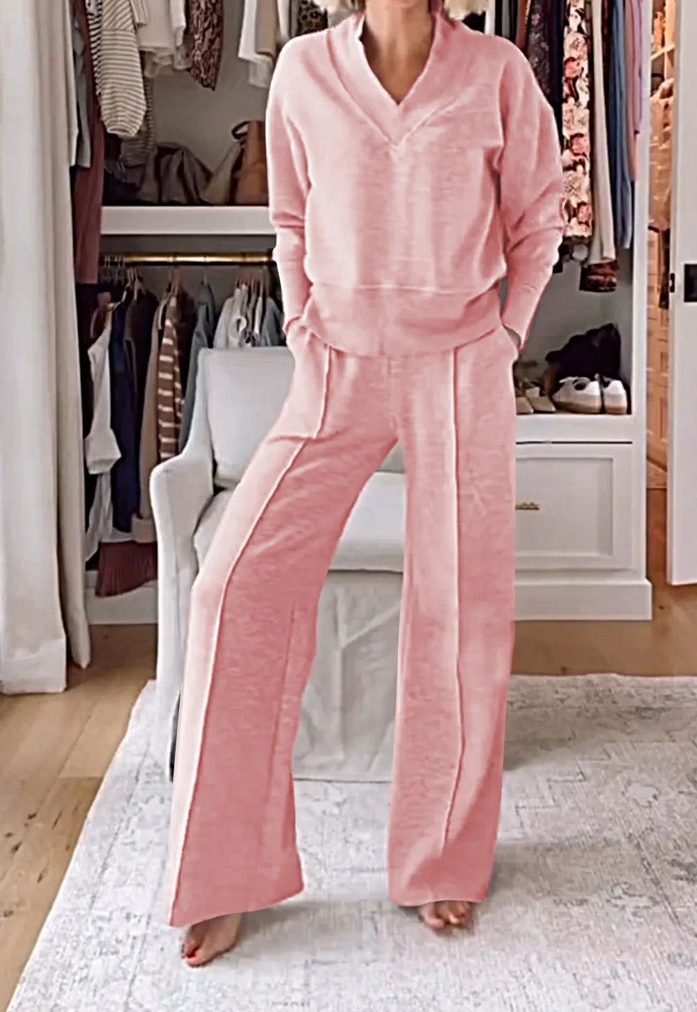 New Casual V-Neck Long Sleeve Loose Top & Wide-Leg Pants Two-Piece Lounge Set