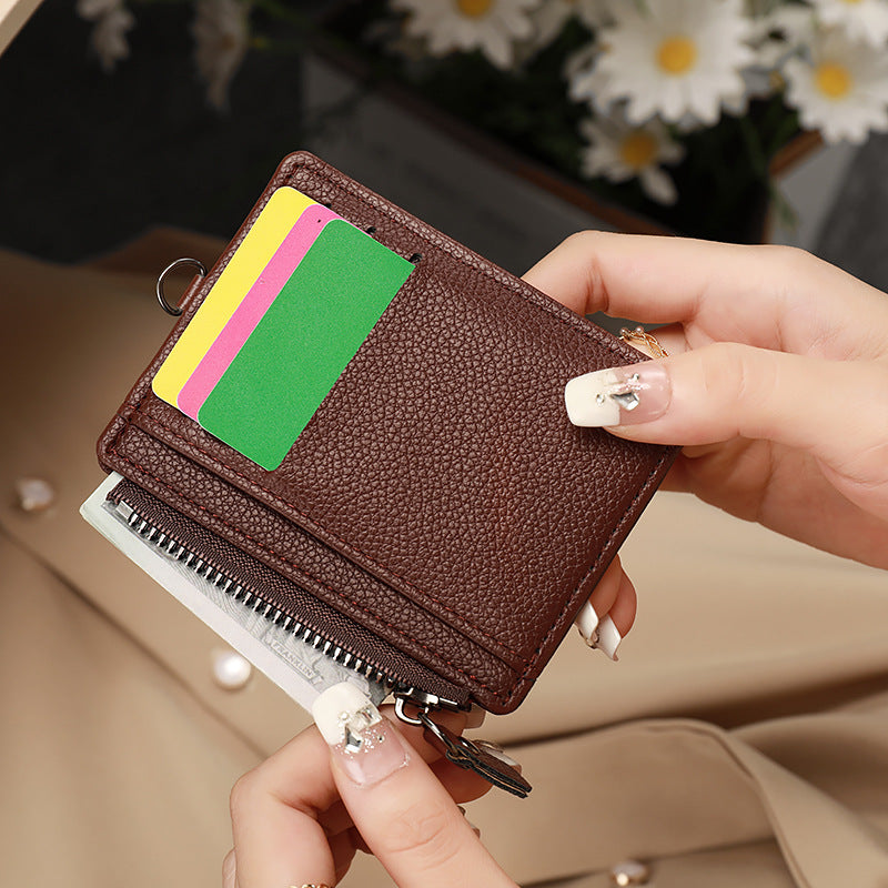 New Women's Leather Card & Coin Holder – Zippered ID, Bus Card, Colorblock Patchwork, Cute & Fresh