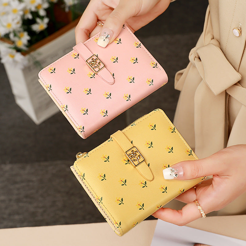 Rose Floral Print Women’s Wallet with Zipper & Buckle – Short Style Multi-Card Slot Coin Purse