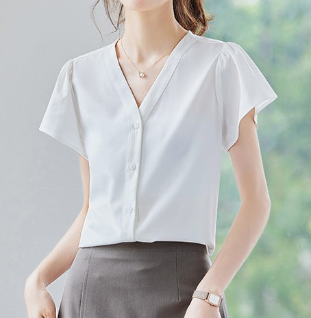 Women's Summer Short-Sleeved Elegant V-Neck Blouse - Lightweight Breathable Casual & Office Wear Top