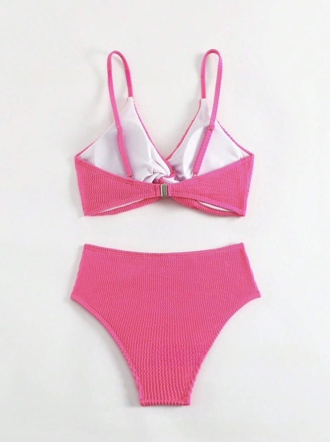 Solid Color Double Strap Low-Cut Bikini Set - High Waist Two-Piece Women's Swimsuit