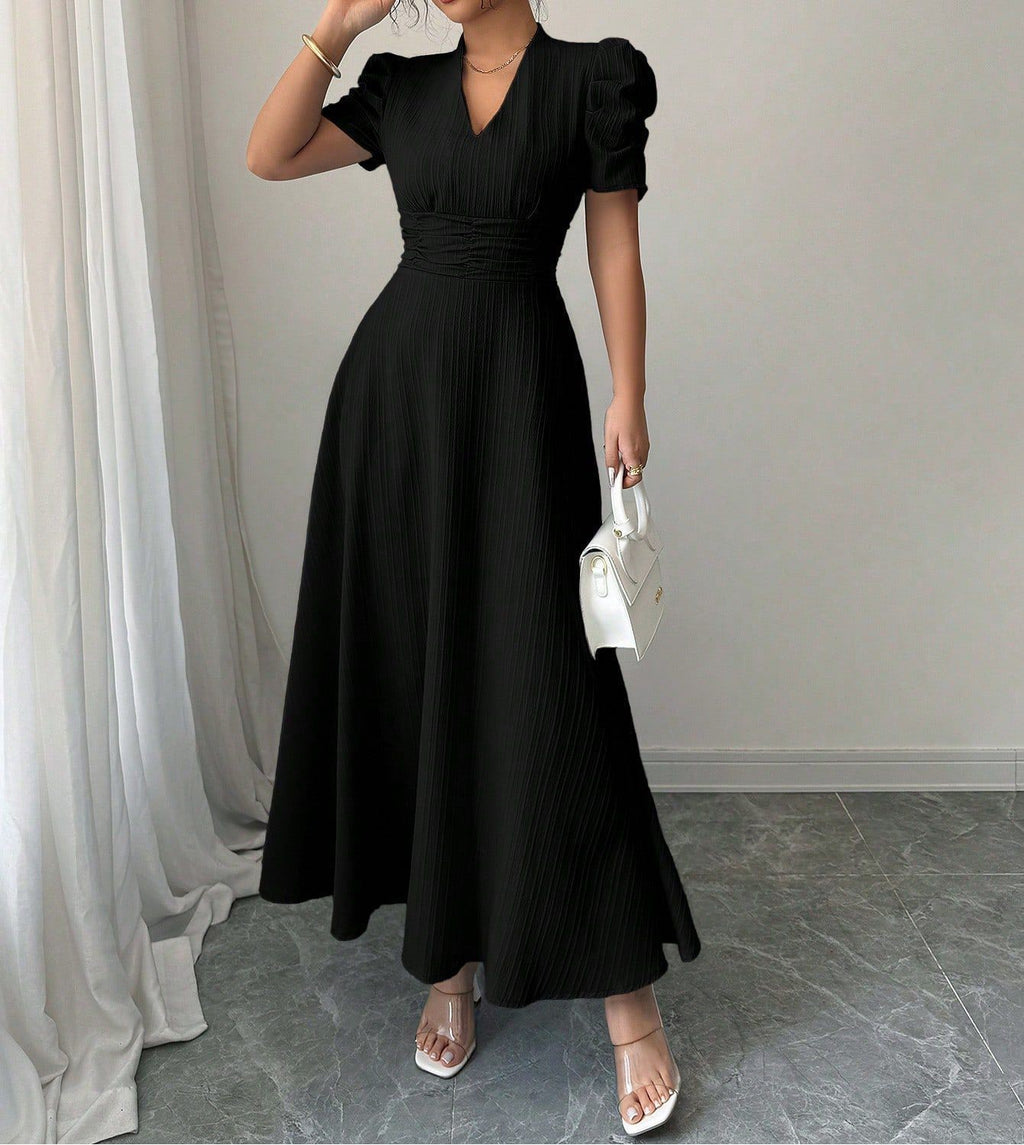 Women's French Style Puff Sleeve Maxi Dress with Fitted Waist, Square Neck, Lightweight Summer Long Dress