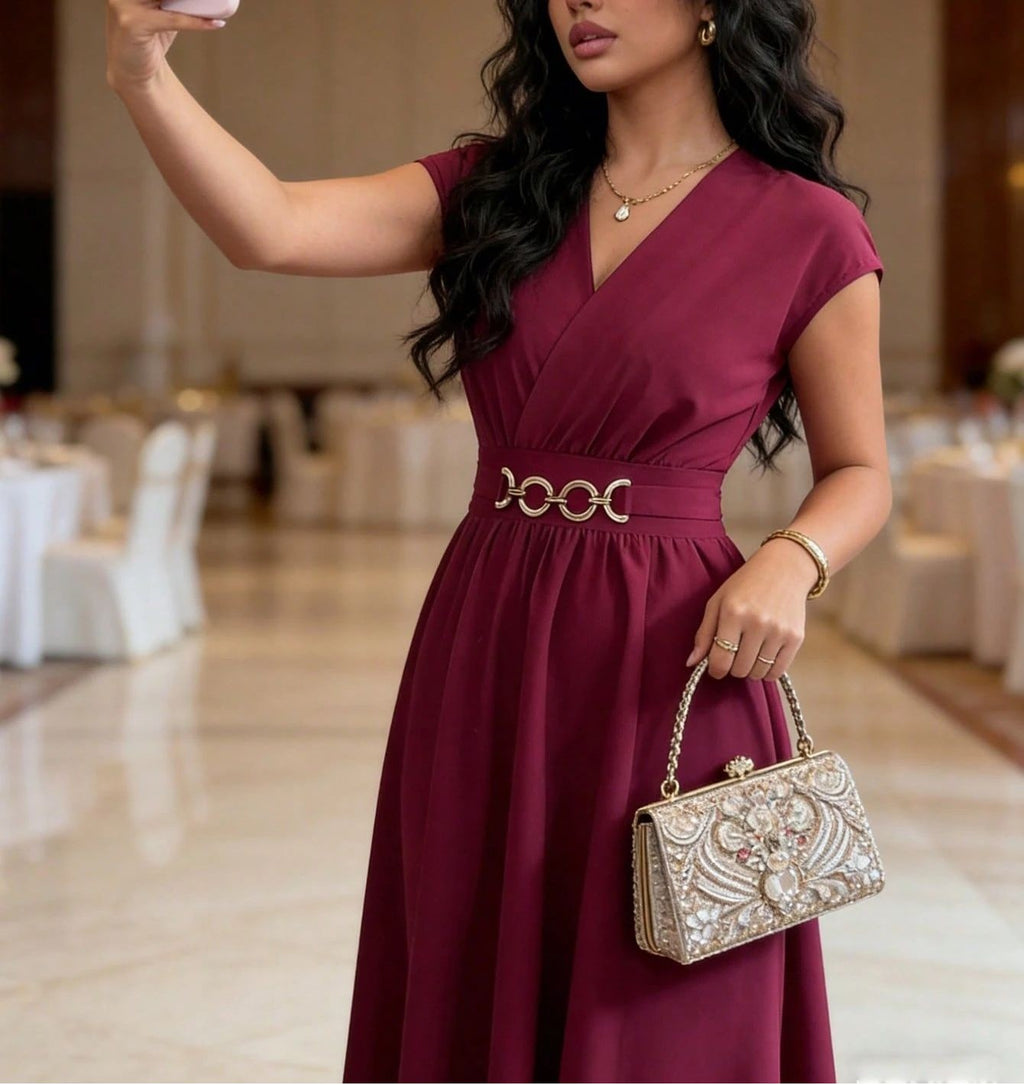 Women's Elegant Short Sleeve Long Dress - Solid Color V-Neck Waist-Cinching Maxi Dress for Casual, Office, Party & Special Occas