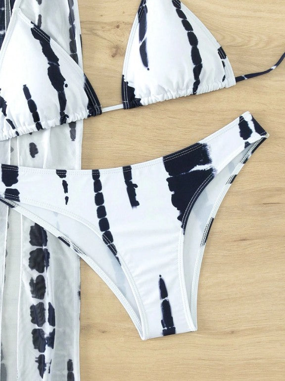 New Printed Mesh Three-Piece Bikini Swimsuit Set for Women