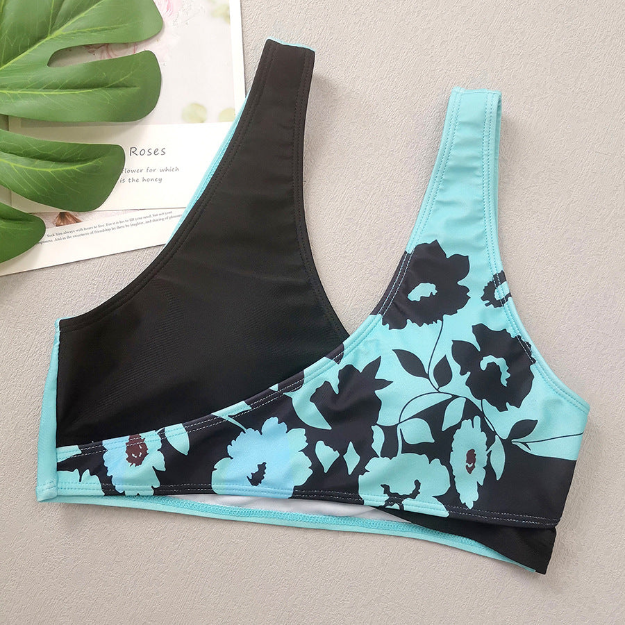 New Digital Print Cross V-Neck Bikini with High Waist Split Design
