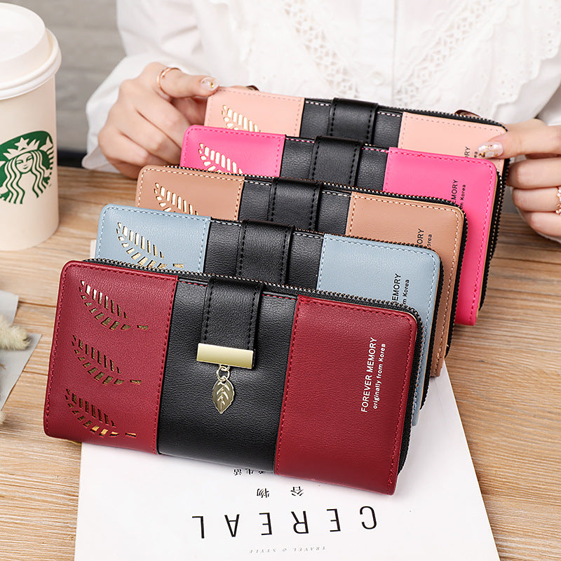 Spliced Color Long Folding Hollow Leaf Wallet for Women – Multi-Compartment Clutch Handbag & Mobile Phone Holder