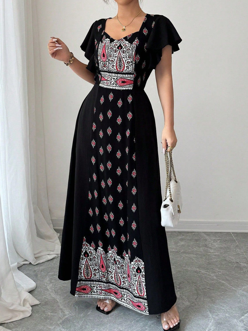 Women's Ethnic Print Maxi Dress – Elegant Waist-Defining Long Dress with Relaxed Fit and Short Sleeves